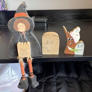 Set Of 3 Halloween Shelf Sitter Witch RIP Ghost Cottage Country VTG Wood Folk